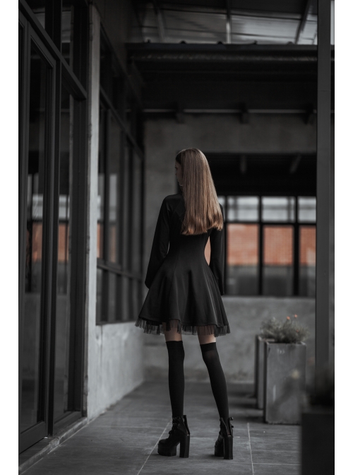 High Collar Front Chest Hollow-Out Lace-Up Long Sleeve Mesh Hem Black Gothic Dress
