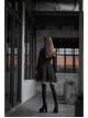 High Collar Front Chest Hollow-Out Lace-Up Long Sleeve Mesh Hem Black Gothic Dress