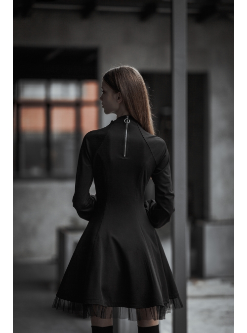 High Collar Front Chest Hollow-Out Lace-Up Long Sleeve Mesh Hem Black Gothic Dress