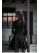 High Collar Front Chest Hollow-Out Lace-Up Long Sleeve Mesh Hem Black Gothic Dress