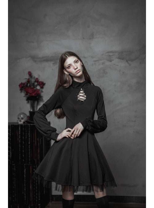 High Collar Front Chest Hollow-Out Lace-Up Long Sleeve Mesh Hem Black Gothic Dress