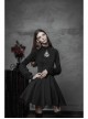 High Collar Front Chest Hollow-Out Lace-Up Long Sleeve Mesh Hem Black Gothic Dress