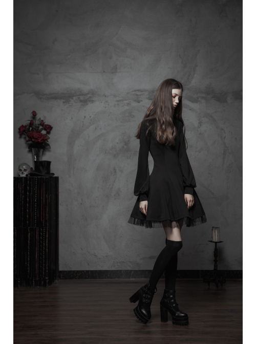 High Collar Front Chest Hollow-Out Lace-Up Long Sleeve Mesh Hem Black Gothic Dress