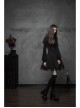 High Collar Front Chest Hollow-Out Lace-Up Long Sleeve Mesh Hem Black Gothic Dress