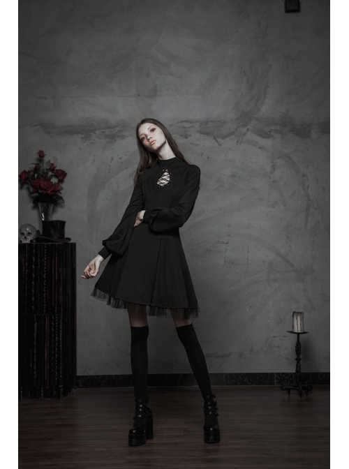 High Collar Front Chest Hollow-Out Lace-Up Long Sleeve Mesh Hem Black Gothic Dress