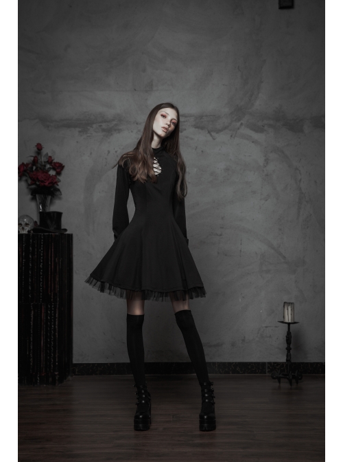 High Collar Front Chest Hollow-Out Lace-Up Long Sleeve Mesh Hem Black Gothic Dress