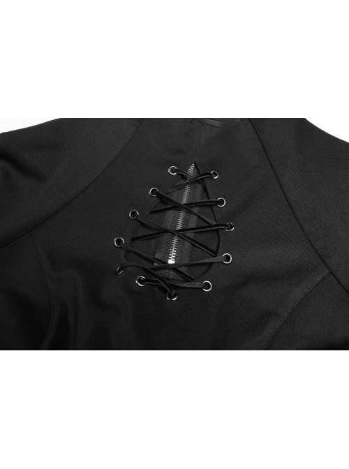 High Collar Front Chest Hollow-Out Lace-Up Long Sleeve Mesh Hem Black Gothic Dress