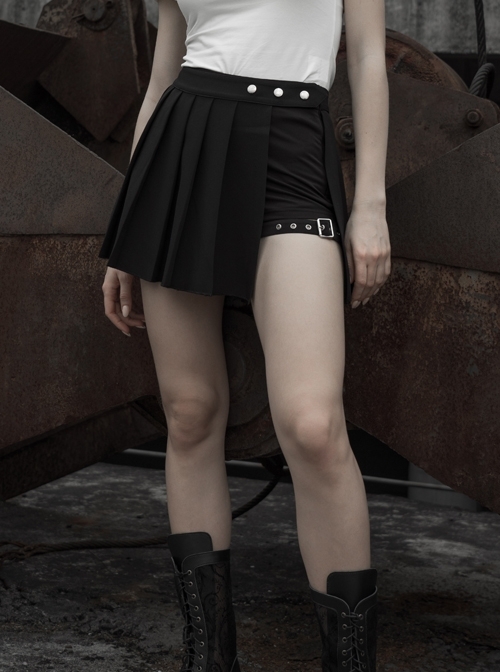 Fake Two-Piece Side Metal Buckle Black Punk Pleated Skirt