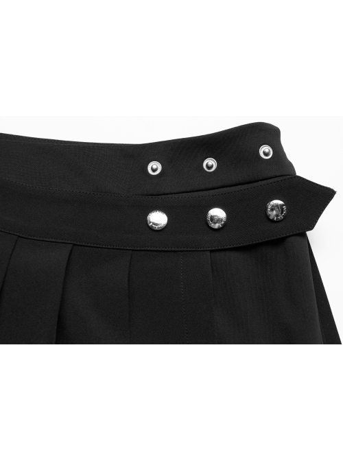 Fake Two-Piece Side Metal Buckle Black Punk Pleated Skirt