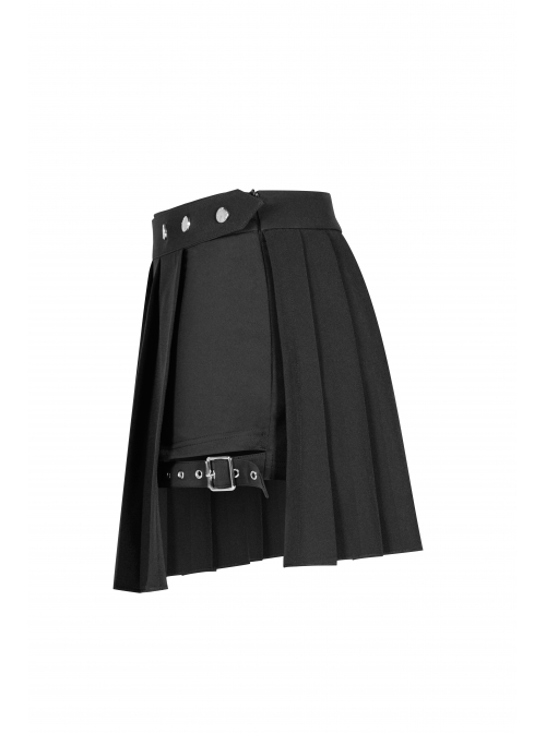 Fake Two-Piece Side Metal Buckle Black Punk Pleated Skirt