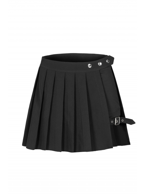 Fake Two-Piece Side Metal Buckle Black Punk Pleated Skirt