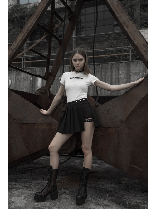 Fake Two-Piece Side Metal Buckle Black Punk Pleated Skirt