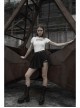Fake Two-Piece Side Metal Buckle Black Punk Pleated Skirt