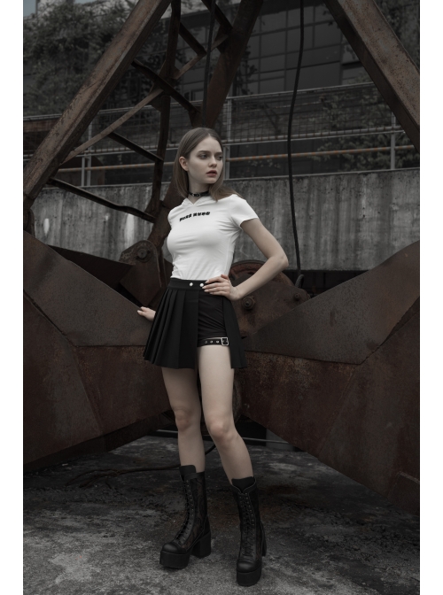 Fake Two-Piece Side Metal Buckle Black Punk Pleated Skirt