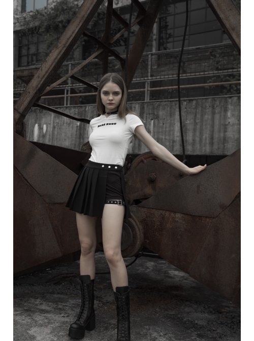 Fake Two-Piece Side Metal Buckle Black Punk Pleated Skirt