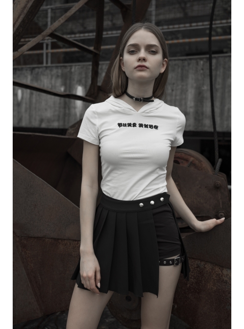 Fake Two-Piece Side Metal Buckle Black Punk Pleated Skirt