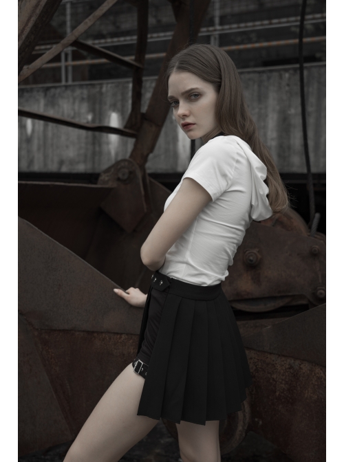 Fake Two-Piece Side Metal Buckle Black Punk Pleated Skirt