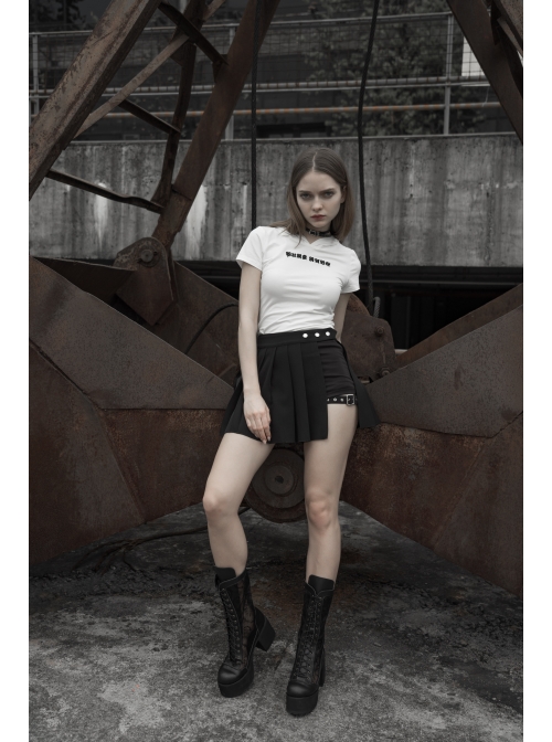 Fake Two-Piece Side Metal Buckle Black Punk Pleated Skirt