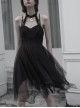 Metal Buckle Leather Shoulder Strap Irregular Mesh Hem Red Plaid Punk Dress