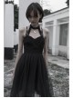 Metal Buckle Leather Shoulder Strap Irregular Mesh Hem Red Plaid Punk Dress