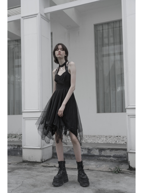 Metal Buckle Leather Shoulder Strap Irregular Mesh Hem Red Plaid Punk Dress