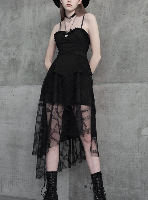 Leather Shoulder Strap Waist Cross Belt Irregular Mesh Hem Black Punk Dress
