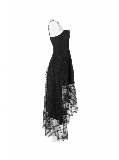 Leather Shoulder Strap Waist Cross Belt Irregular Mesh Hem Black Punk Dress