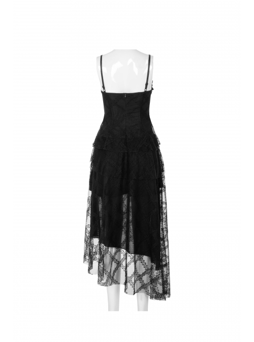 Leather Shoulder Strap Waist Cross Belt Irregular Mesh Hem Black Punk Dress