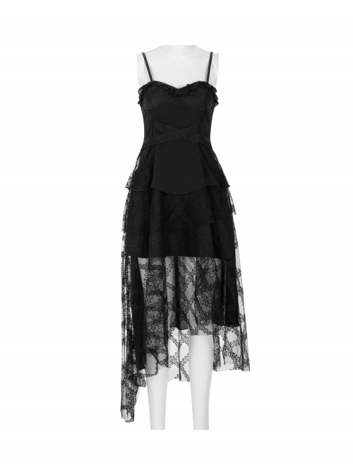 Leather Shoulder Strap Waist Cross Belt Irregular Mesh Hem Black Punk Dress