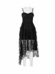 Leather Shoulder Strap Waist Cross Belt Irregular Mesh Hem Black Punk Dress