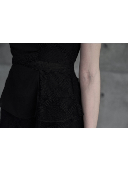Leather Shoulder Strap Waist Cross Belt Irregular Mesh Hem Black Punk Dress