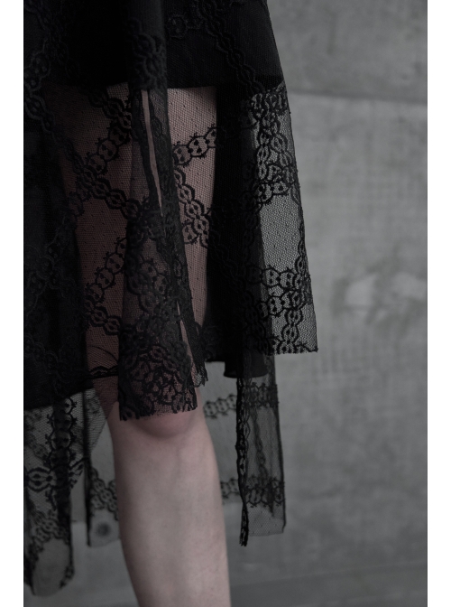 Leather Shoulder Strap Waist Cross Belt Irregular Mesh Hem Black Punk Dress