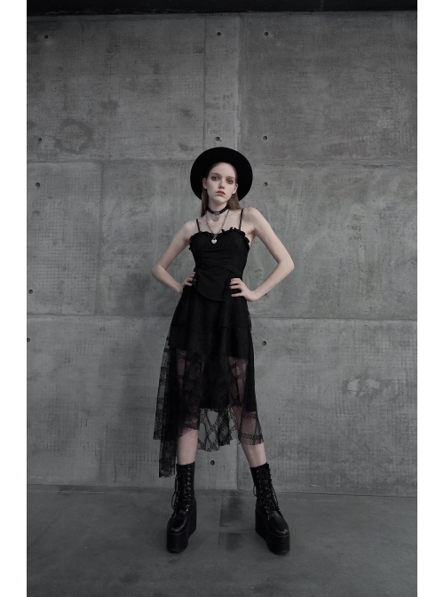 Leather Shoulder Strap Waist Cross Belt Irregular Mesh Hem Black Punk Dress