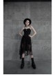 Leather Shoulder Strap Waist Cross Belt Irregular Mesh Hem Black Punk Dress