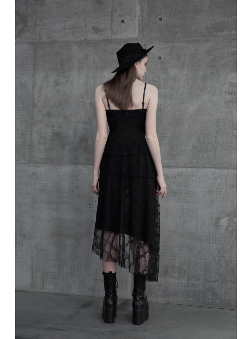 Leather Shoulder Strap Waist Cross Belt Irregular Mesh Hem Black Punk Dress