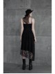 Leather Shoulder Strap Waist Cross Belt Irregular Mesh Hem Black Punk Dress