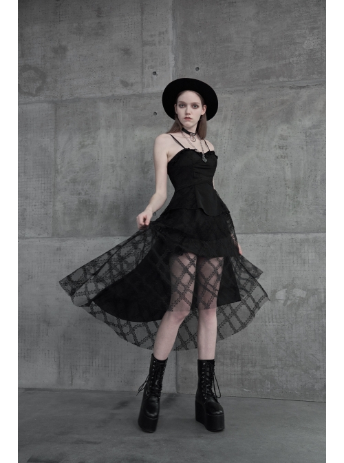 Leather Shoulder Strap Waist Cross Belt Irregular Mesh Hem Black Punk Dress