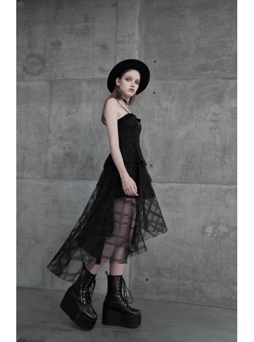 Leather Shoulder Strap Waist Cross Belt Irregular Mesh Hem Black Punk Dress