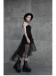 Leather Shoulder Strap Waist Cross Belt Irregular Mesh Hem Black Punk Dress