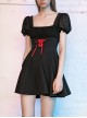 Black Mesh Bubble Sleeve Flounce Cuff Back Waist Red Lace-Up Gothic Dress