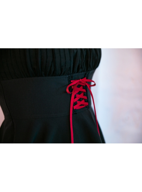 Black Mesh Bubble Sleeve Flounce Cuff Back Waist Red Lace-Up Gothic Dress
