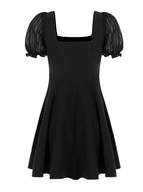 Black Mesh Bubble Sleeve Flounce Cuff Back Waist Red Lace-Up Gothic Dress