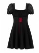 Black Mesh Bubble Sleeve Flounce Cuff Back Waist Red Lace-Up Gothic Dress