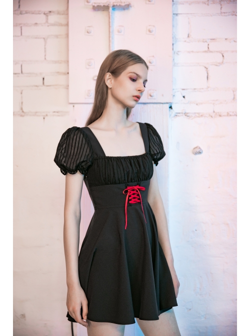 Black Mesh Bubble Sleeve Flounce Cuff Back Waist Red Lace-Up Gothic Dress