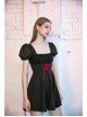 Black Mesh Bubble Sleeve Flounce Cuff Back Waist Red Lace-Up Gothic Dress