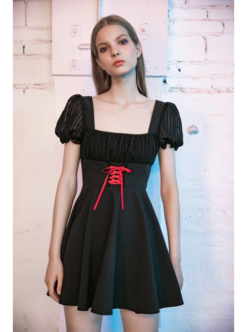 Black Mesh Bubble Sleeve Flounce Cuff Back Waist Red Lace-Up Gothic Dress
