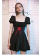 Black Mesh Bubble Sleeve Flounce Cuff Back Waist Red Lace-Up Gothic Dress