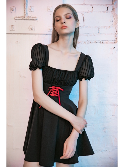 Black Mesh Bubble Sleeve Flounce Cuff Back Waist Red Lace-Up Gothic Dress