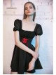 Black Mesh Bubble Sleeve Flounce Cuff Back Waist Red Lace-Up Gothic Dress