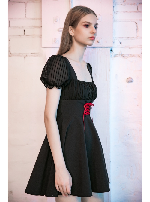 Black Mesh Bubble Sleeve Flounce Cuff Back Waist Red Lace-Up Gothic Dress